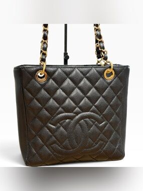CHANEL Petite Shopper Tote Black Caviar Leather Gold Chain